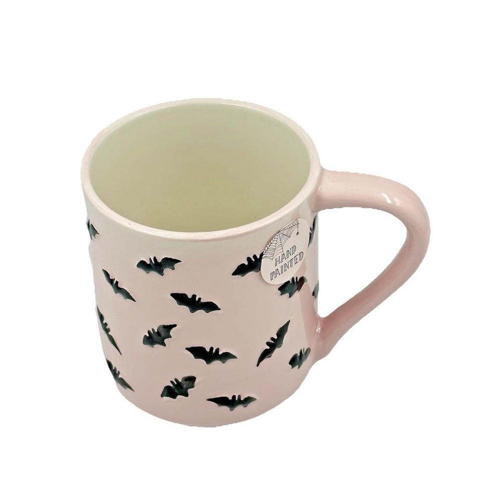 Cobwebs and Cauldrons Bats Mug Pink Black Hand Pinted Halloween Gothic - Picture 4 of 7